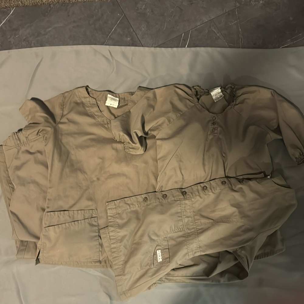 Bundle Buttersoft scrub Jacket, Two scrubs tops and pants. Brownish in color